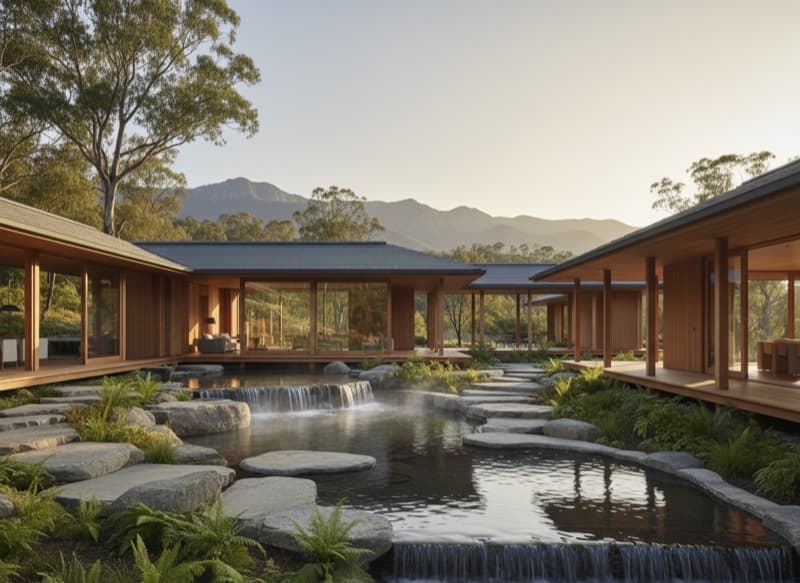 A low timber retreat set beside a reflective pond and mountains
