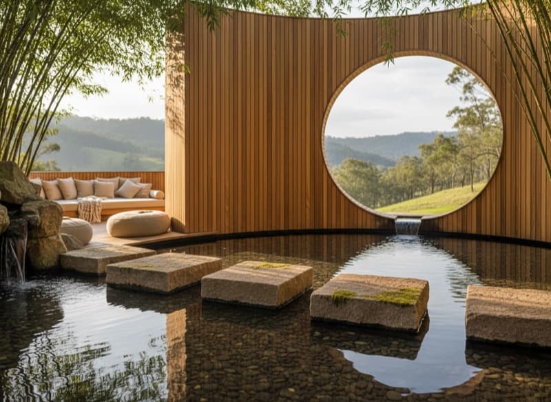 A timber retreat with a circular window overlooking rainforest